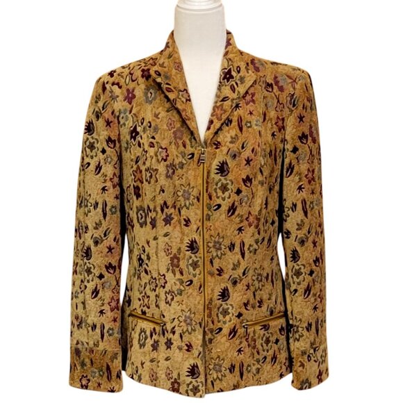 Vintage Tapestry Boho Zip Front Velvety Longline Blazer Jacket Sz 14 - Picture 1 of 13